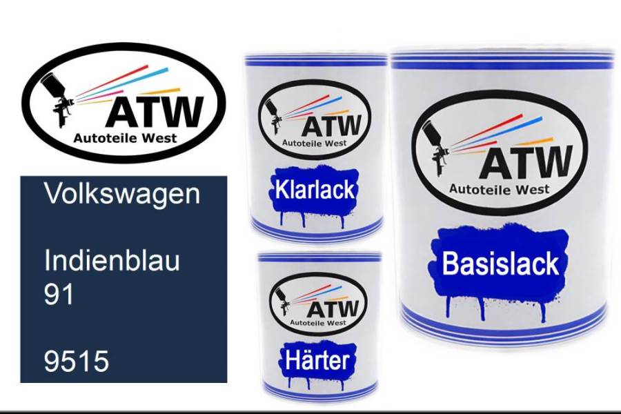 Volkswagen, Indienblau 91, 9515: 1L Lackdose + 1L Klarlack + 500ml Härter - Set, von ATW Autoteile West.